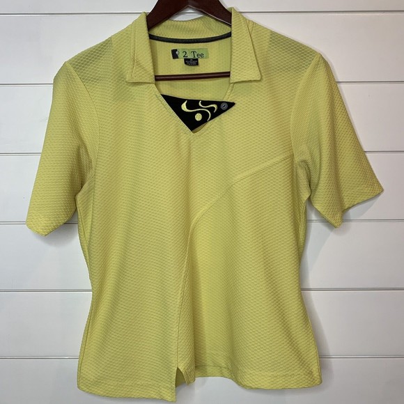 2 A Tee Women's Golf Polo Shirt Medium Textured Lightweight Yellow Green Unique - Picture 2 of 8